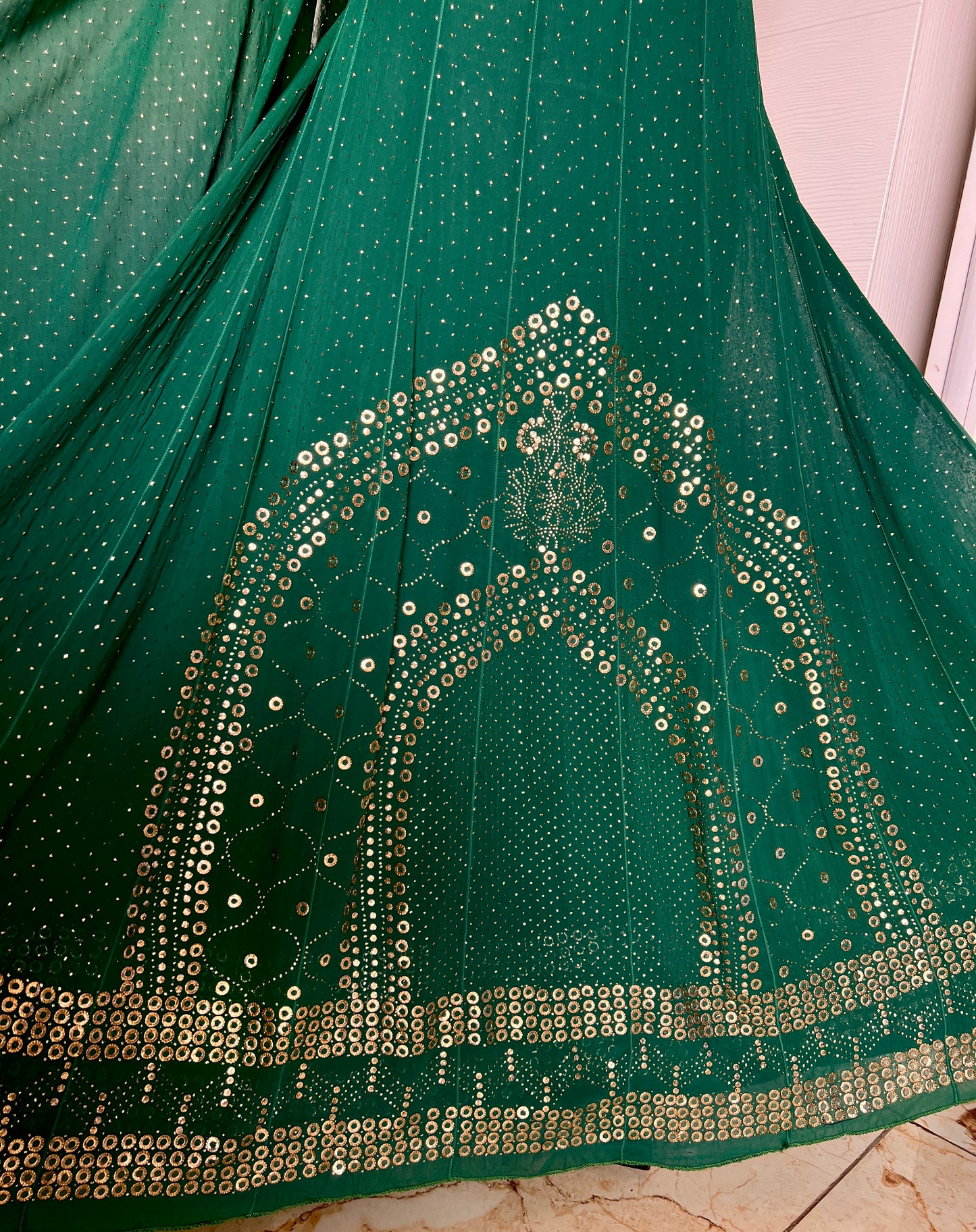 Bottle green designer Mukaish Georgette Anarkali with Dupatta