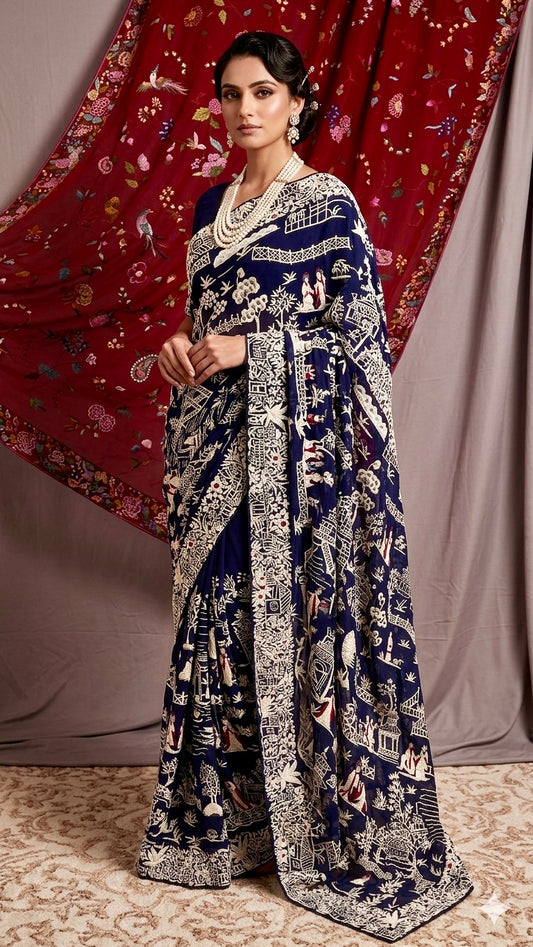 Navy Blue Masterpiece Chinese pattern Parsi Gara Pure Georgette Saree
