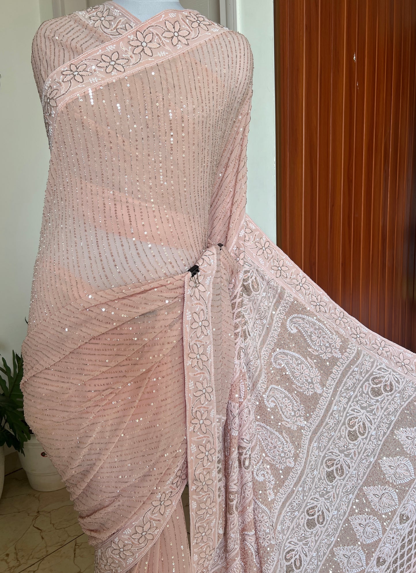 Ruhani Old Rose Chikankari Cut Dana and sequins Saree