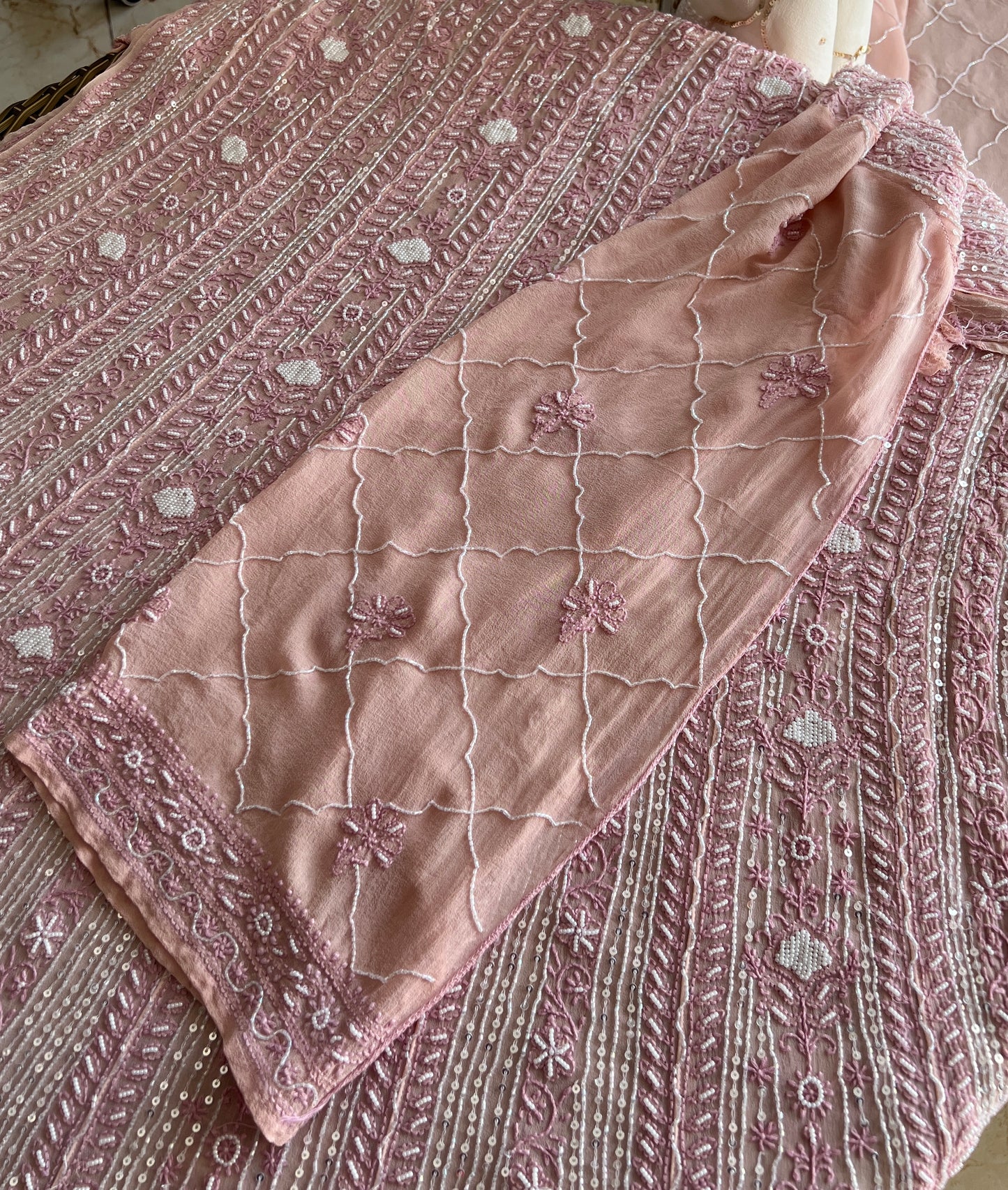 Ruhani Dusty Rose Chikankari sequins and pearl work Anarkali