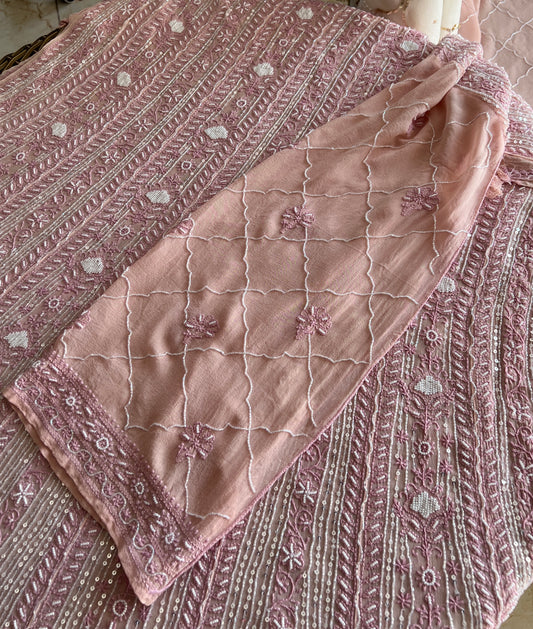 Ruhani Dusty Rose Chikankari sequins and pearl work Anarkali