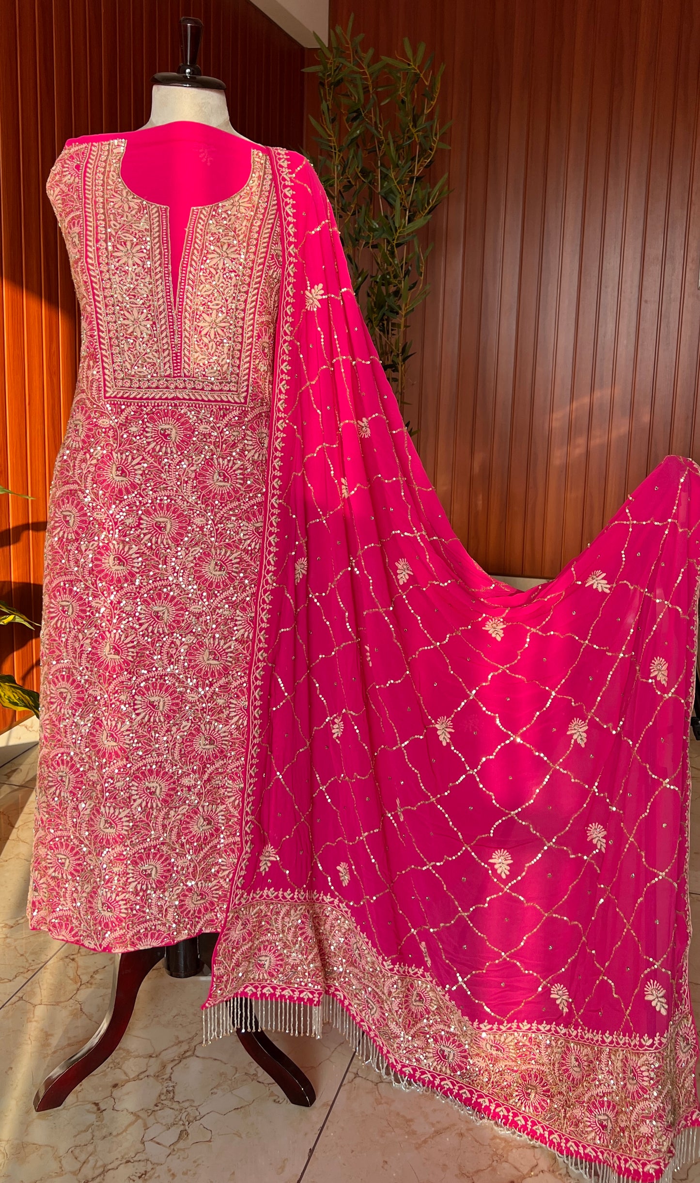 Suhaan Rani Pink 3 taar Chikankari kurta with heavy sequinned dupatta