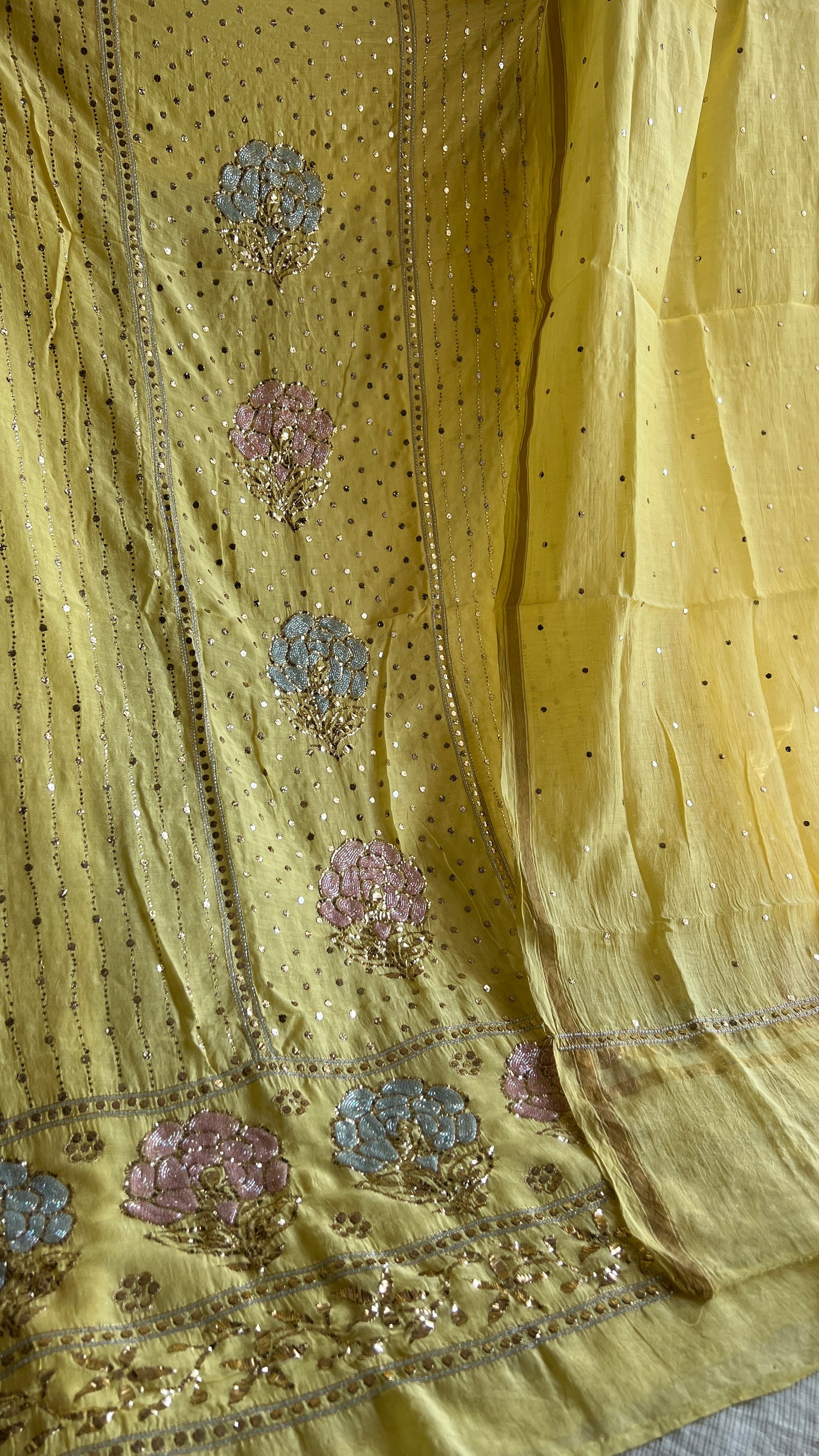Yellow mukaish and Cut Dana Kurta and Dupatta