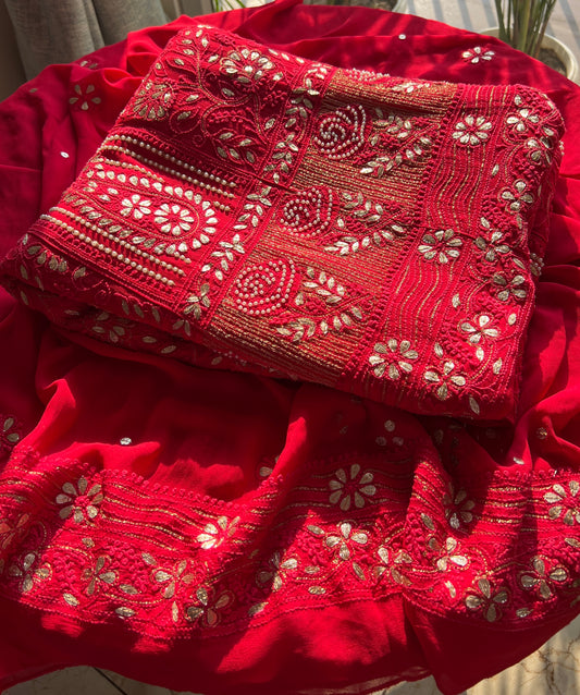 Red Chikankari pearl and Gota Patti Anarkali