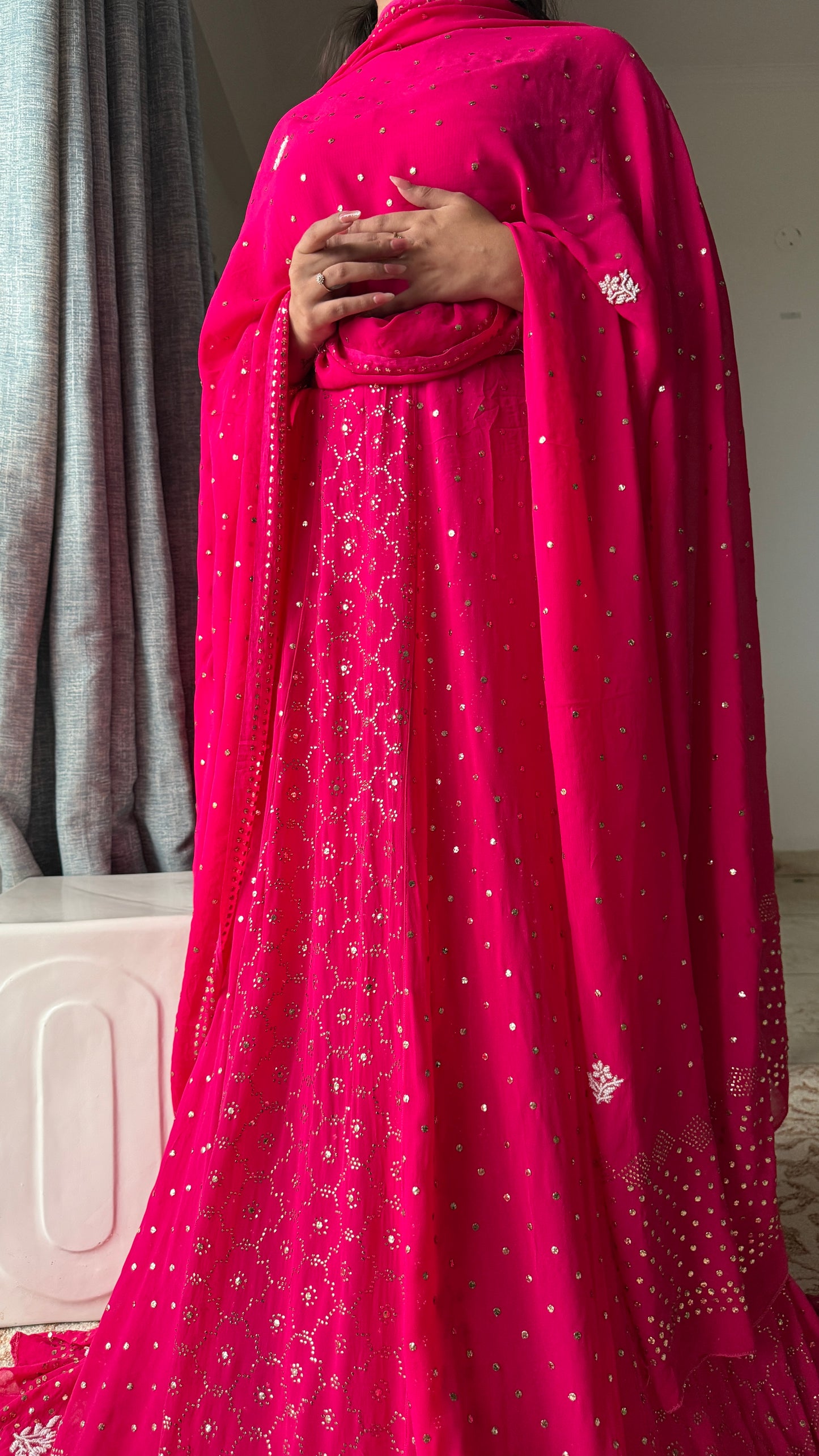 Fuschia pink Allover Mukaish and pearl Lehenga Set