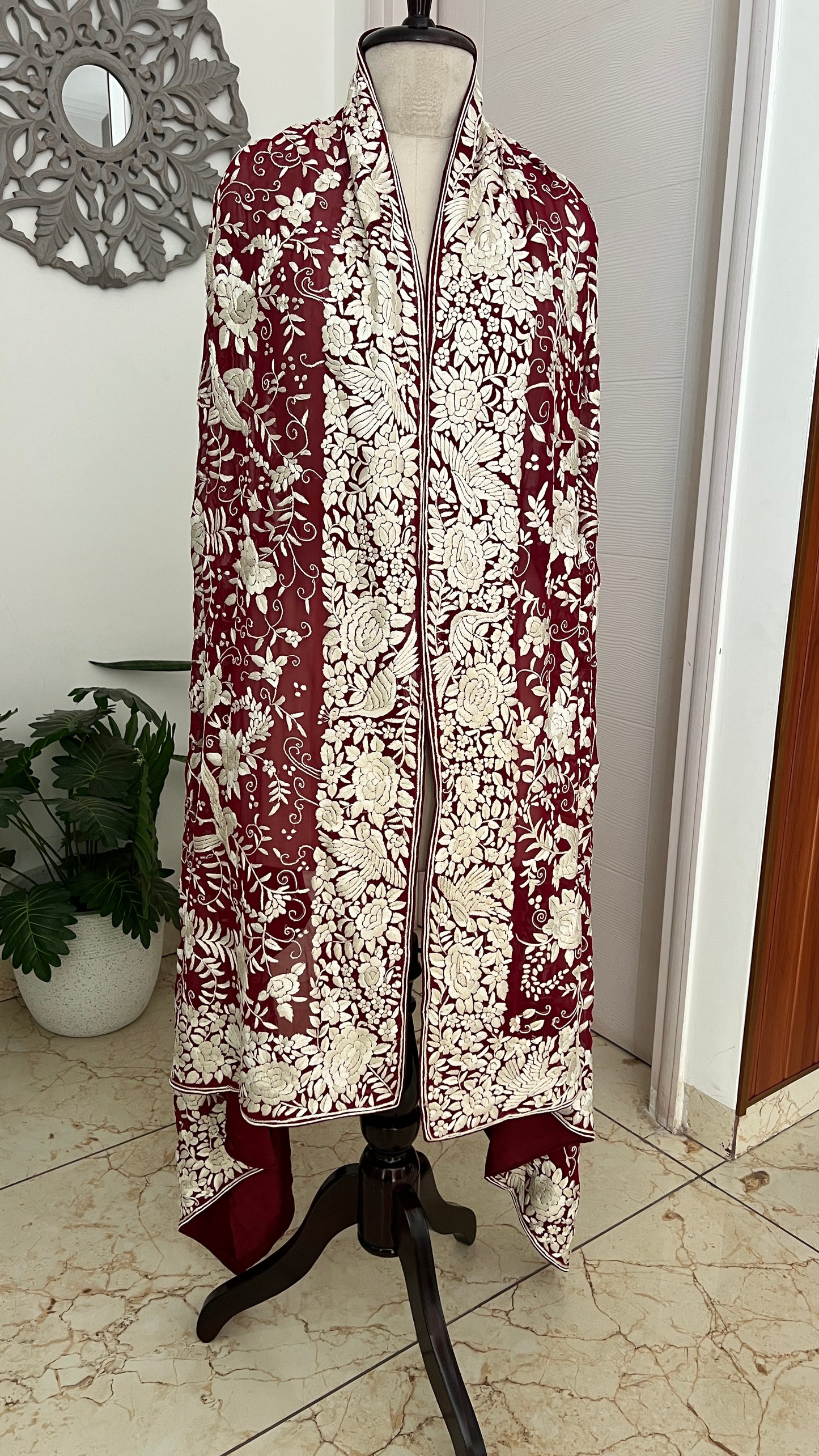 Ruby Red Masterpiece Heavy Parsi Gara Hand Embroidered Dupatta