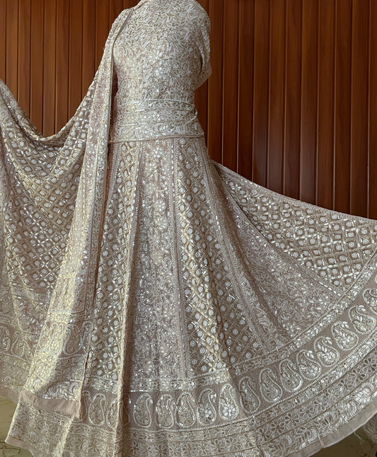 Ruhani Powder Brown Chikankari Gota Sequins Pure Georgette Lehenga Set