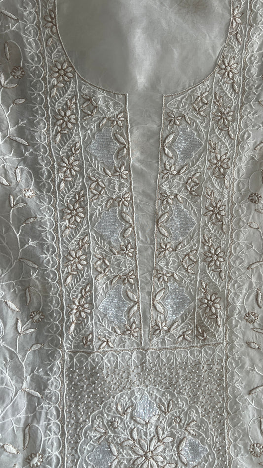 Ruhani Ivory masterpiece Chikankari pure Organza kurta with dupatta