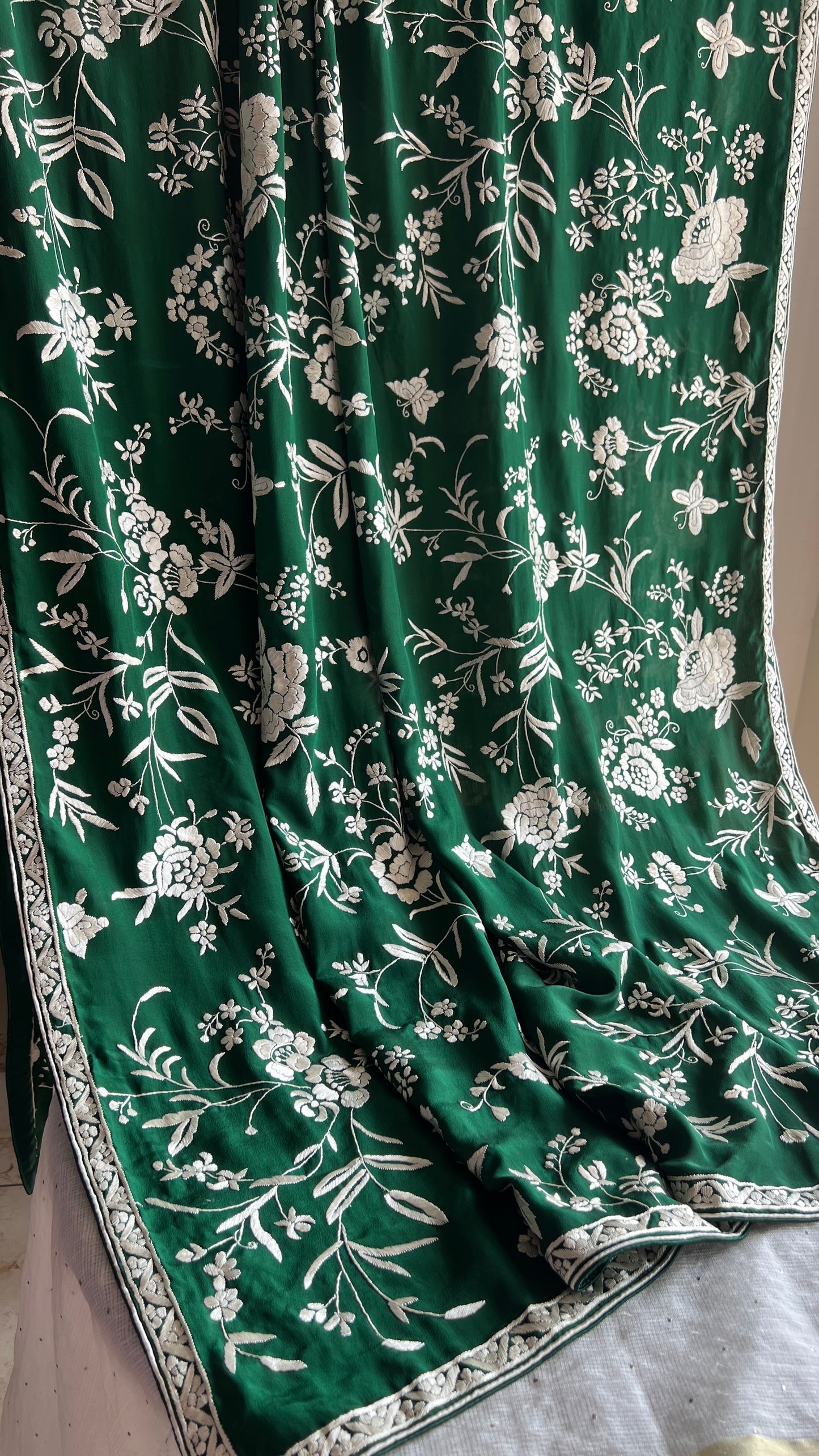 Bottle Green Parsi Gara Hand Embroidered Dupatta