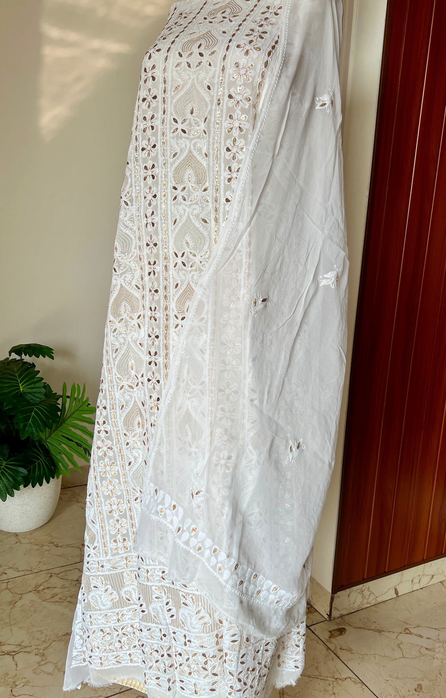 White Chikankari gota patti and pearl work kurta and Dupatta