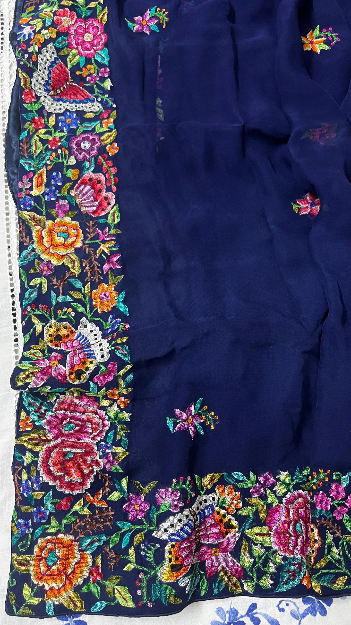 Navy Blue Masterpiece Petit Point Hand Embroidered Saree