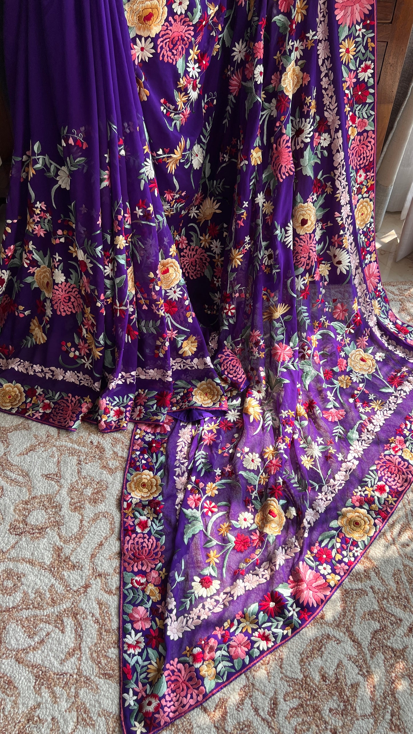 Aubergine purple floral Masterpiece Parsi Gara Pure Georgette Saree