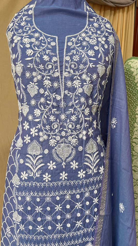 Mauvish blue Mul Chanderi Kurta and Dupatta