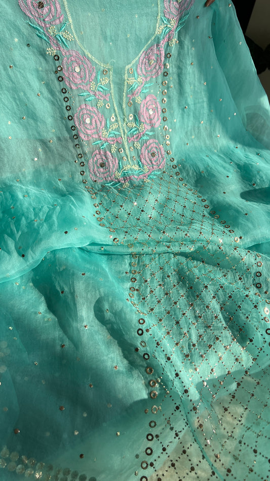 Firozi Chikankari and Mukaish pure Organza kurta with dupatta