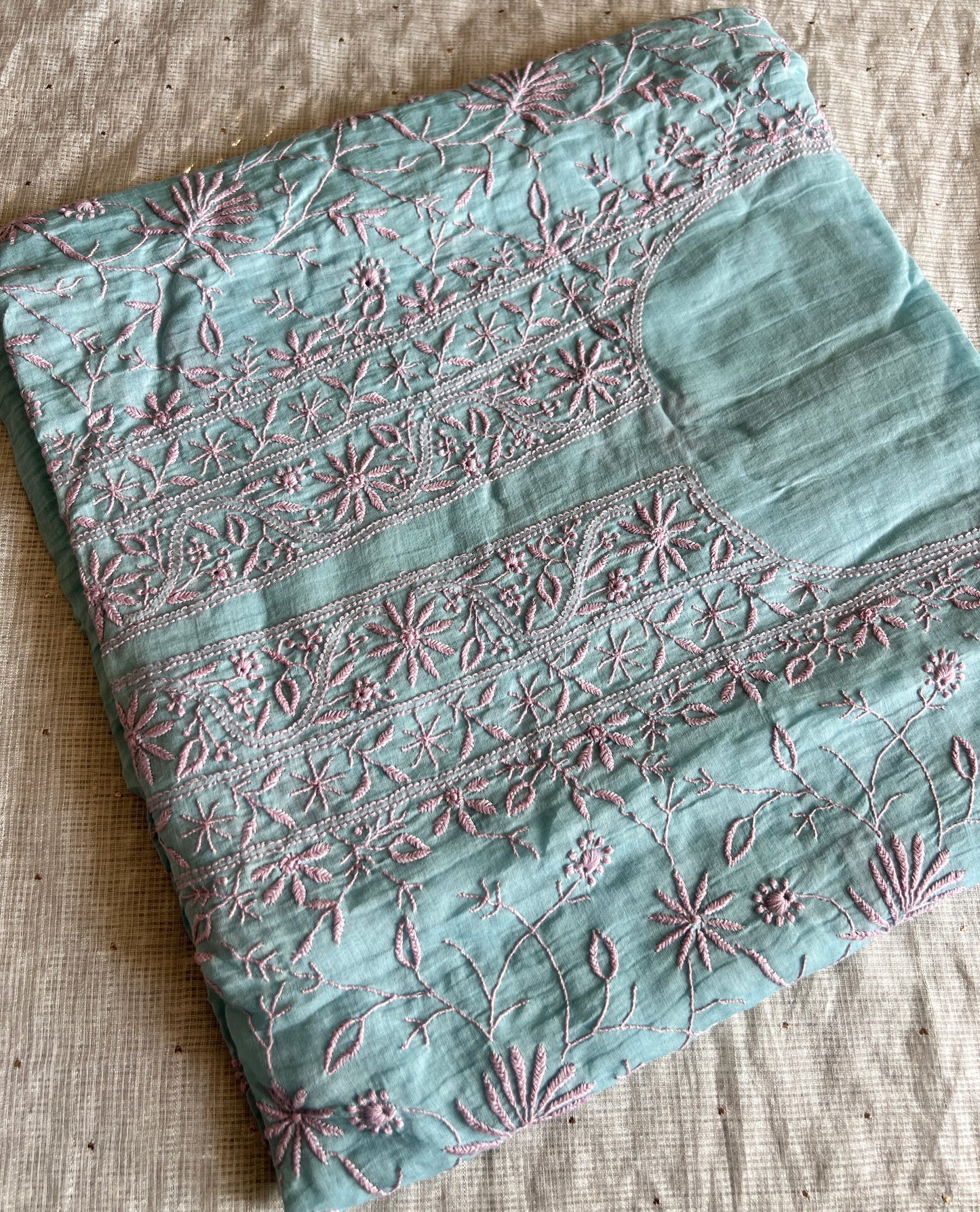 Firozi and pink Mul chanderi Chikankari embroidered kurta and dupatta