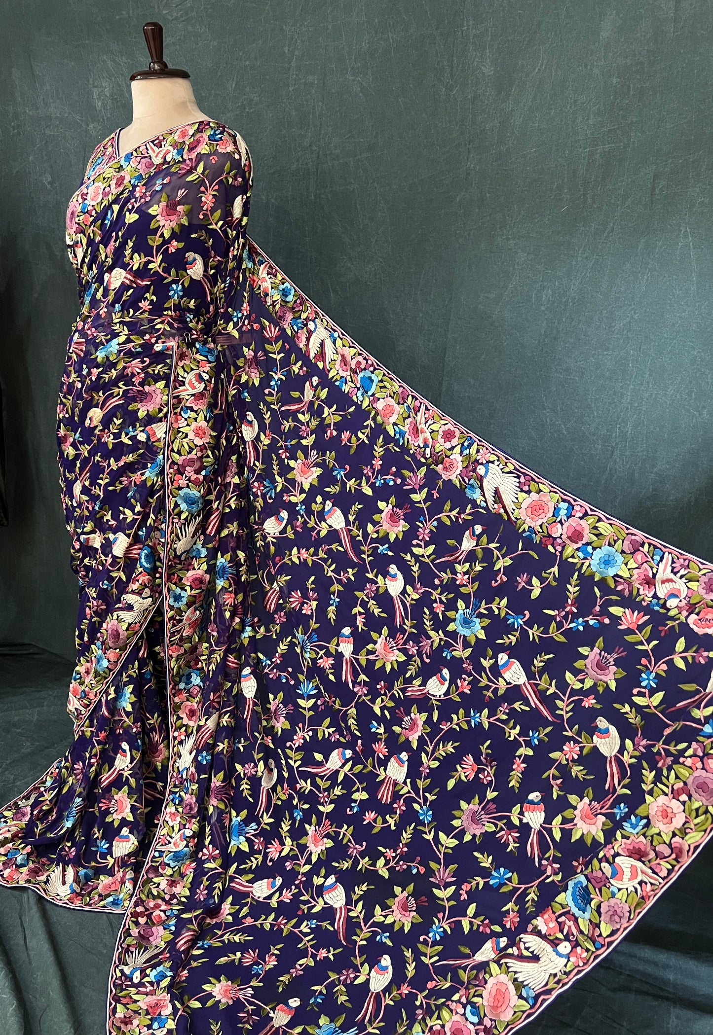 Indigo Blue Masterpiece Parsi Gara Pure Georgette Saree