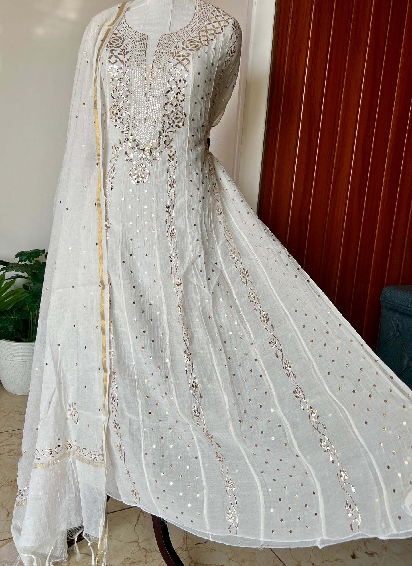 Mul Chanderi Anarkali with Badla and Mukaish work