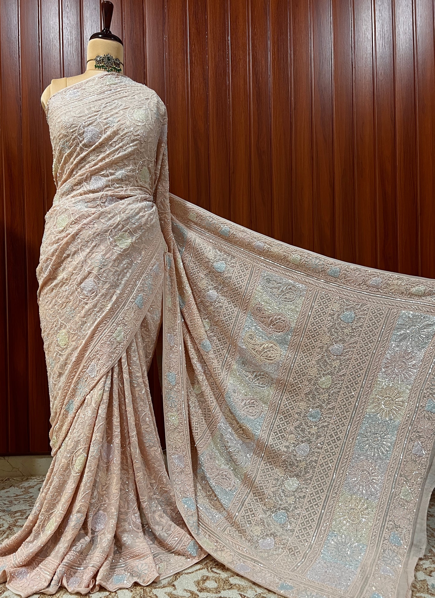Ruhani Dusty peach Chikankari Multi Cut Dana and Sequins Saree