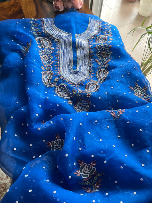 Royal Blue Chikankari pearl sequins pure Organza kurta with dupatta