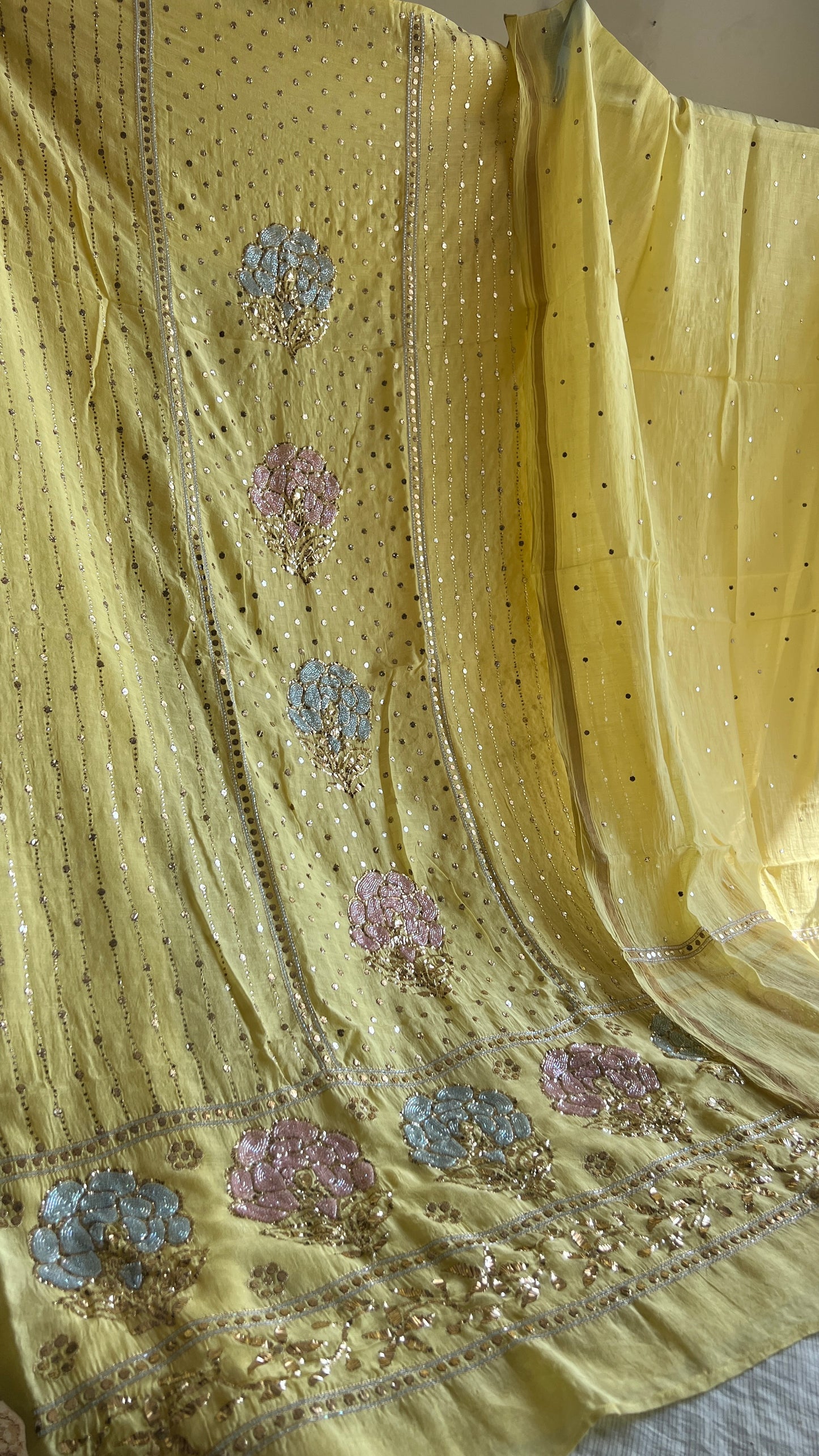Yellow mukaish and Cut Dana Kurta and Dupatta