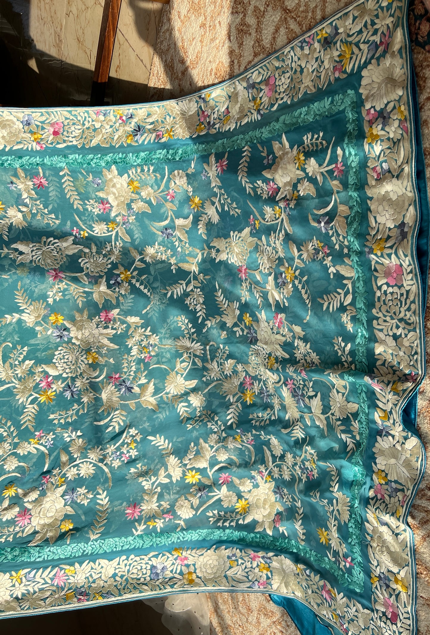 Firozi masterpiece Parsi Gara Dupatta Hand Embroidered