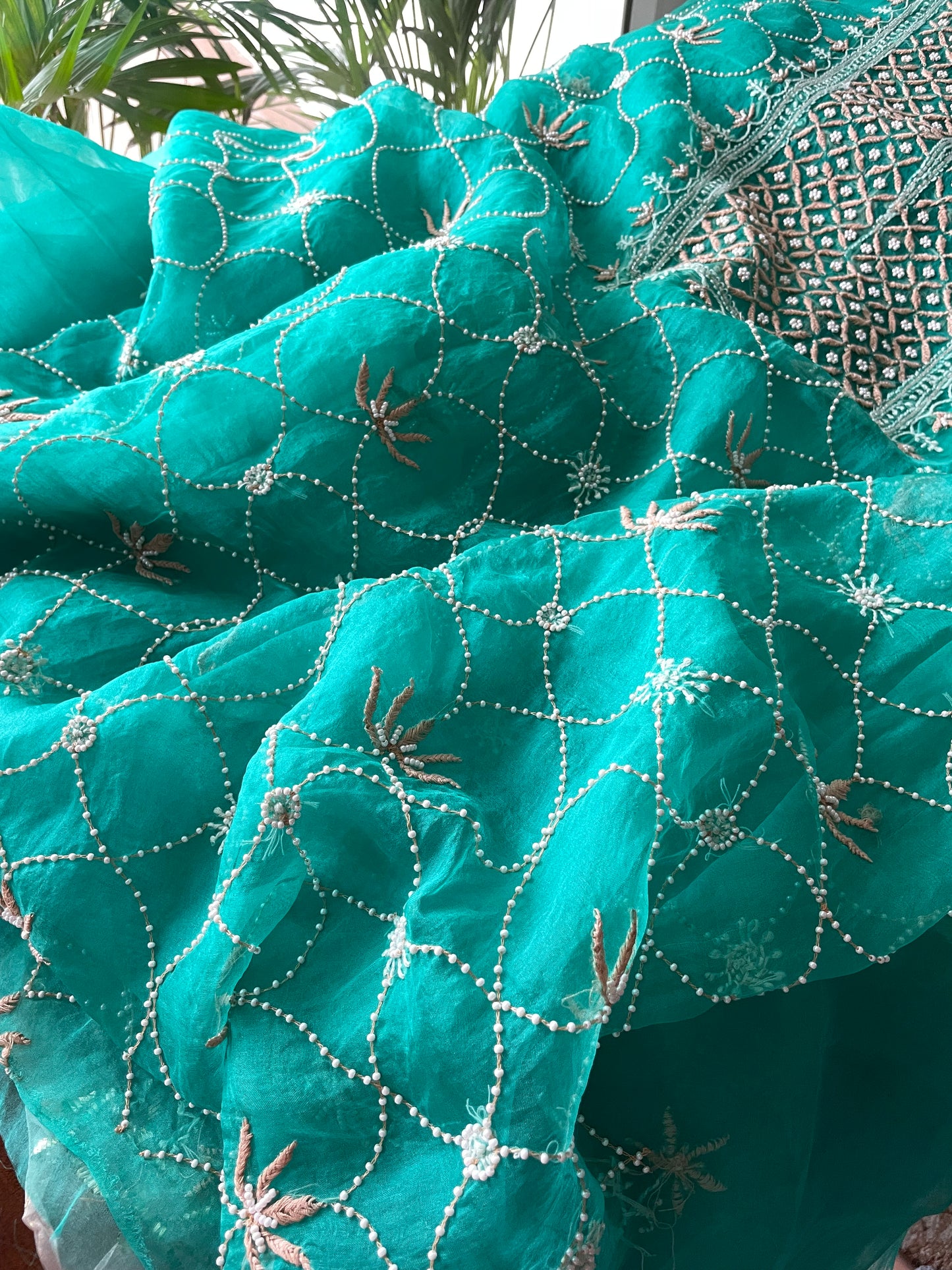 Turquoise green Chikankari pearl cut Dana pure Organza kurta with dupatta