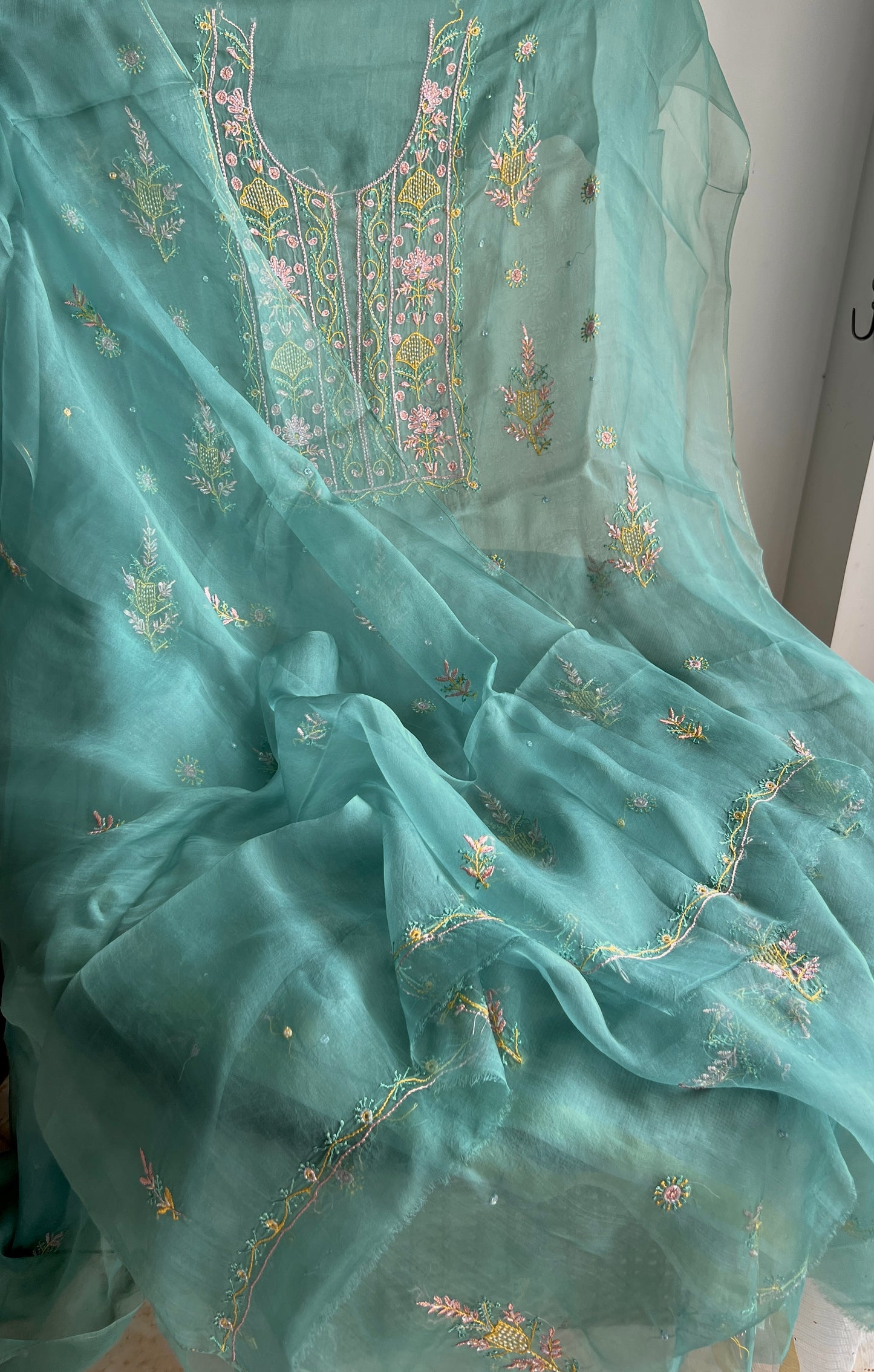 Sage green Resham Chikankari pearl sequins pure Organza kurta with dupatta