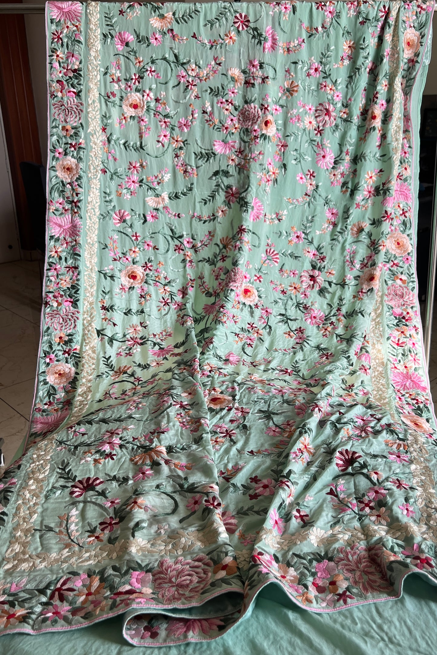 Mint Green Masterpiece Parsi Gara Pure Crepe Saree