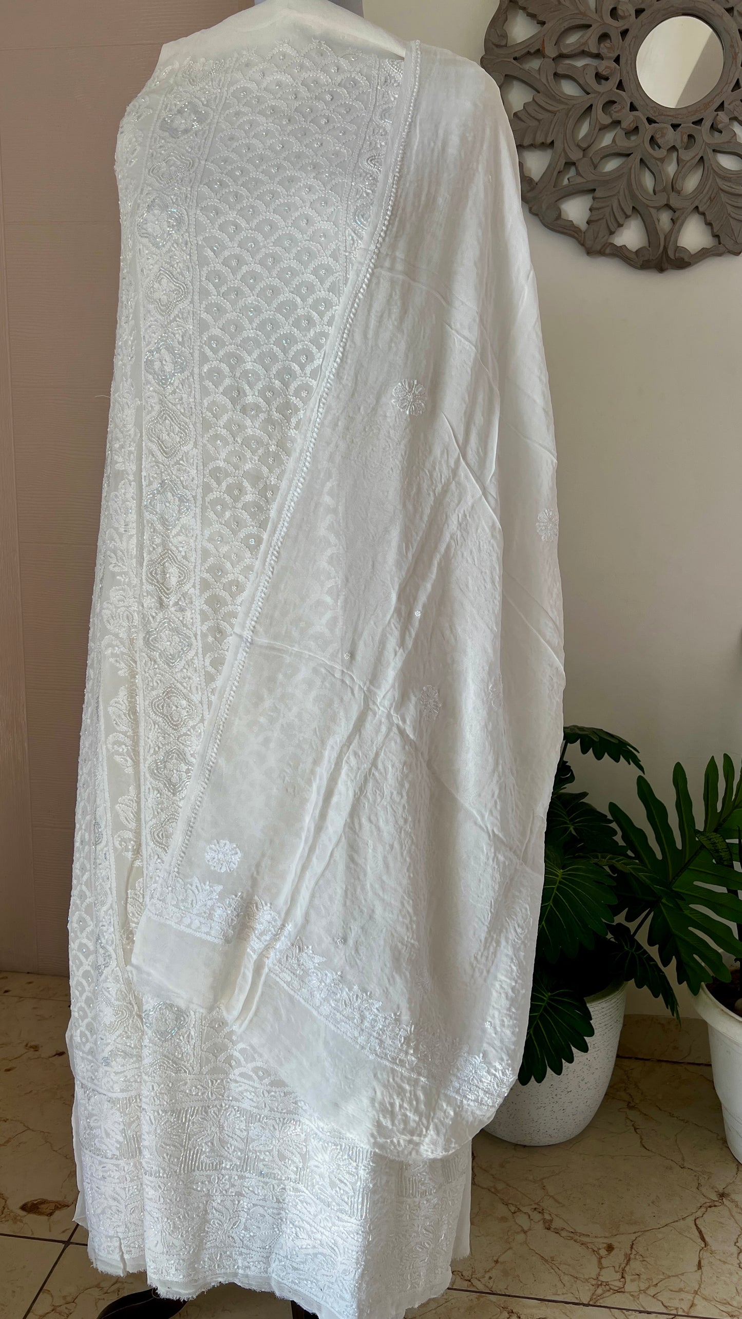 White Chikankari pearl and cut Dana work Kurta and Dupatta