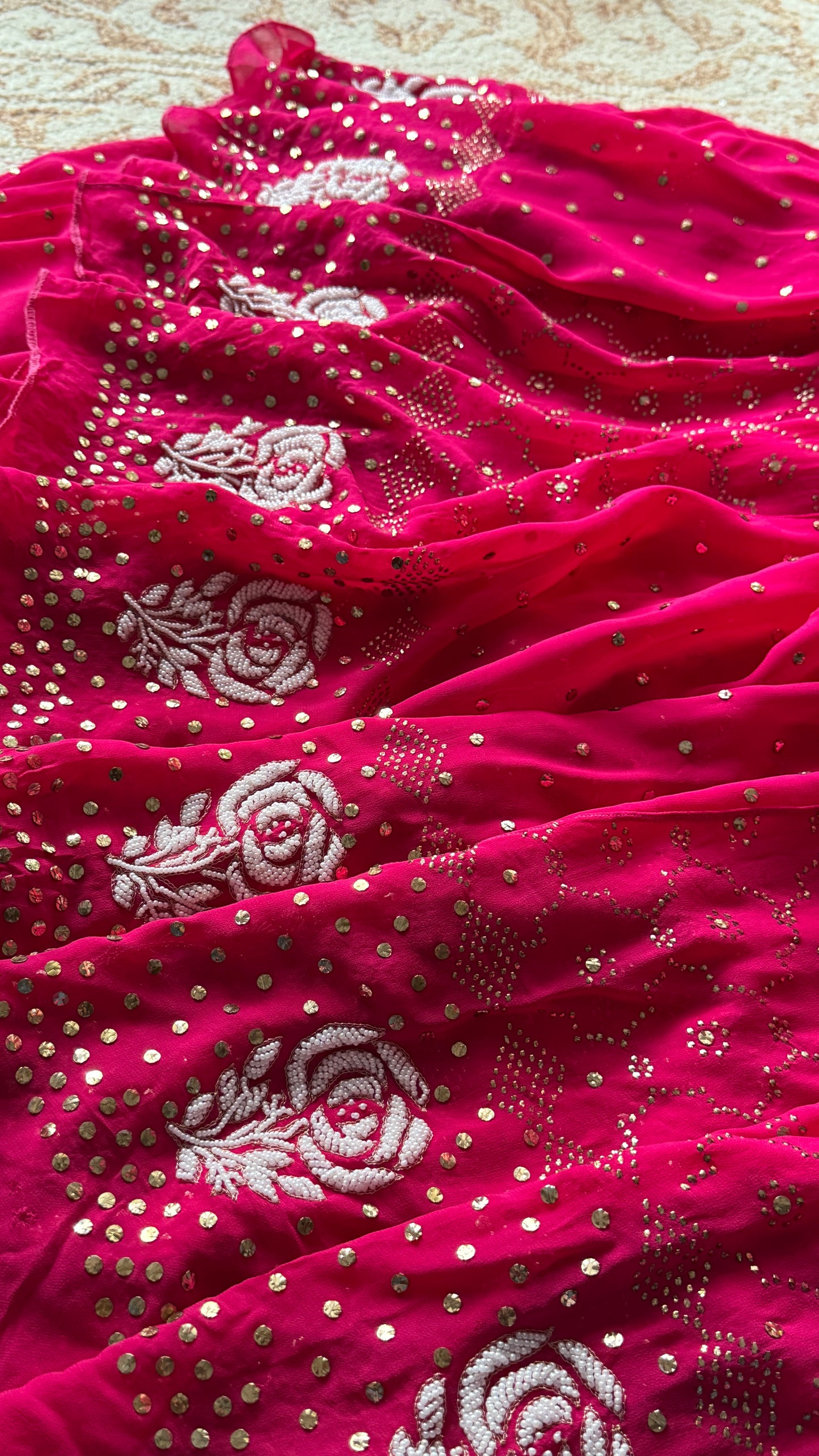 Fuschia pink Allover Mukaish and pearl Lehenga Set
