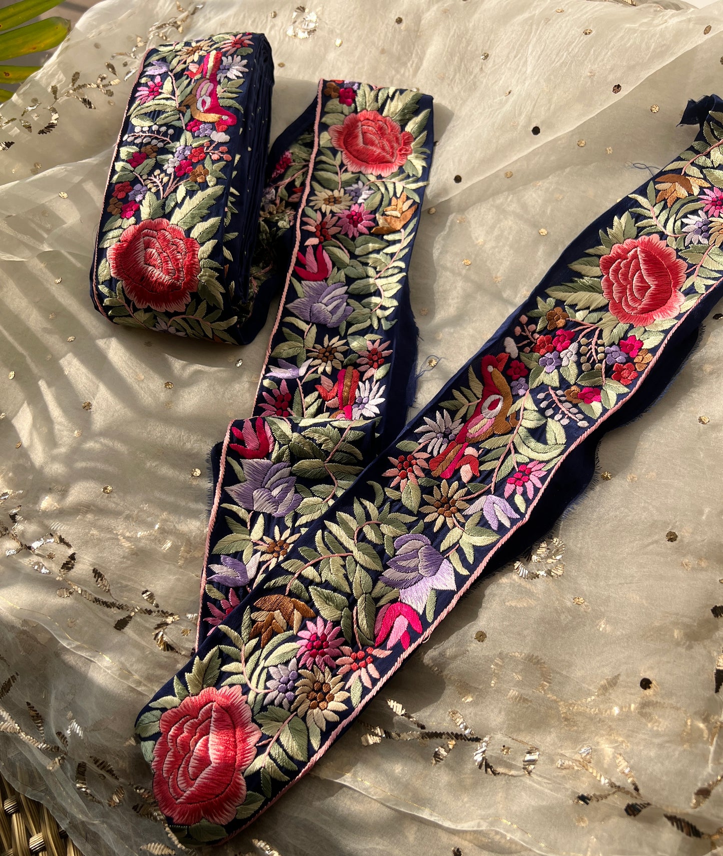 Blue hand embroidered parsi gara border