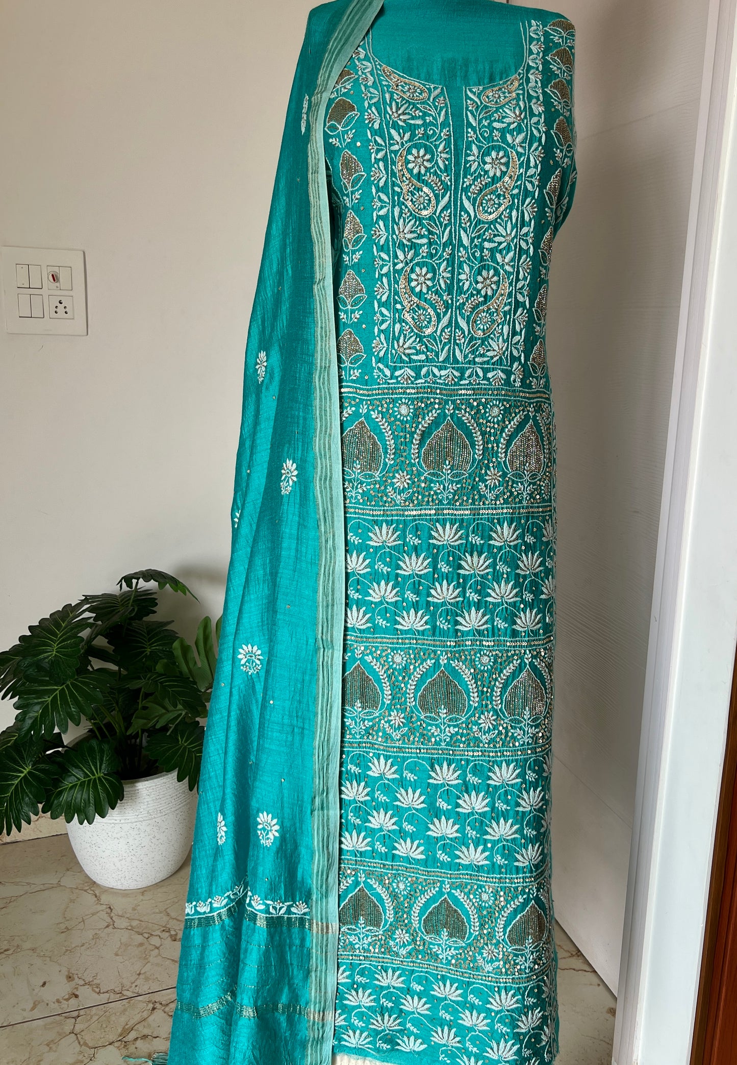 Moonga Silk Chikankari golden cut dana sequins kurta and dupatta