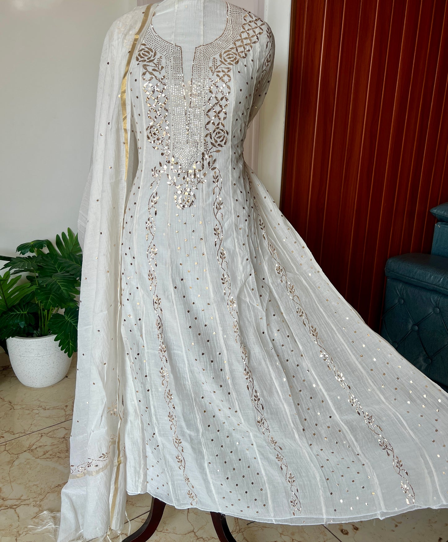 Mul Chanderi Anarkali with Badla and Mukaish work