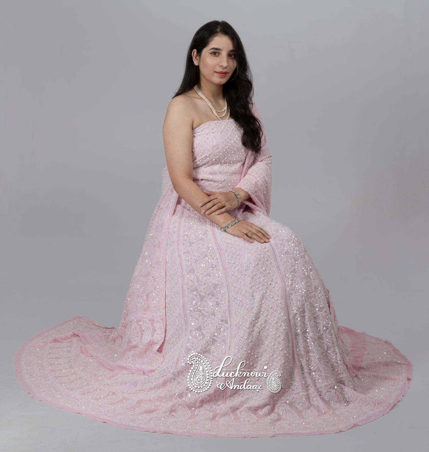 Ruhani Pink Chikankari Pearl Cut Dana Sequins Wedding Lehenga