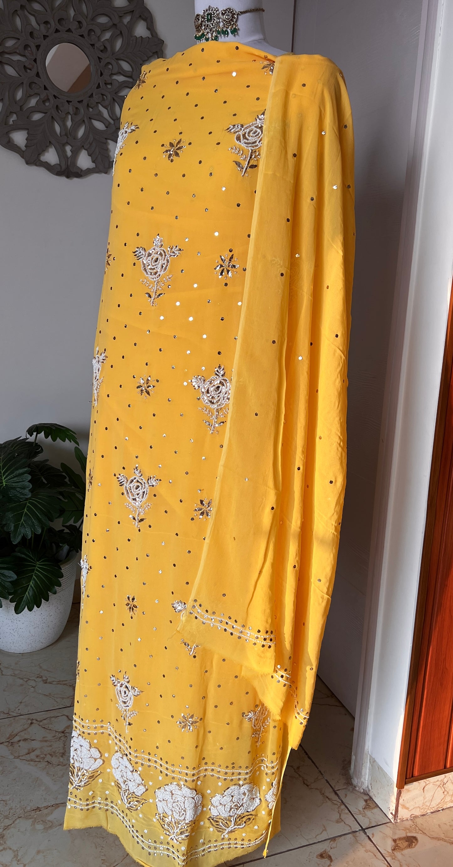 Yellow Badla Mukaish and Pearl Embroidered Kurta & Dupatta Set