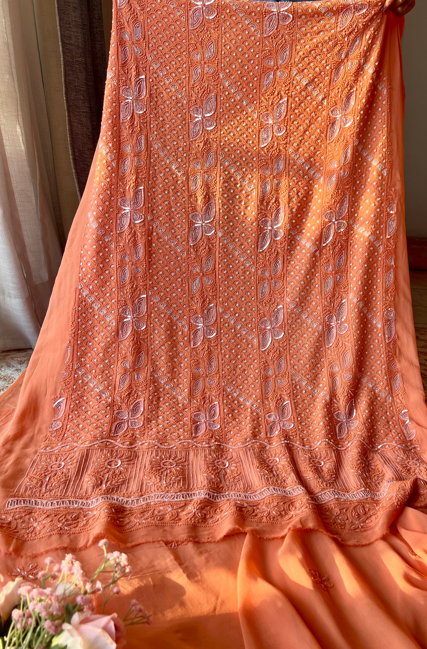 Orange Chikankari Cut Dana and sequins work Kurta and Dupatta