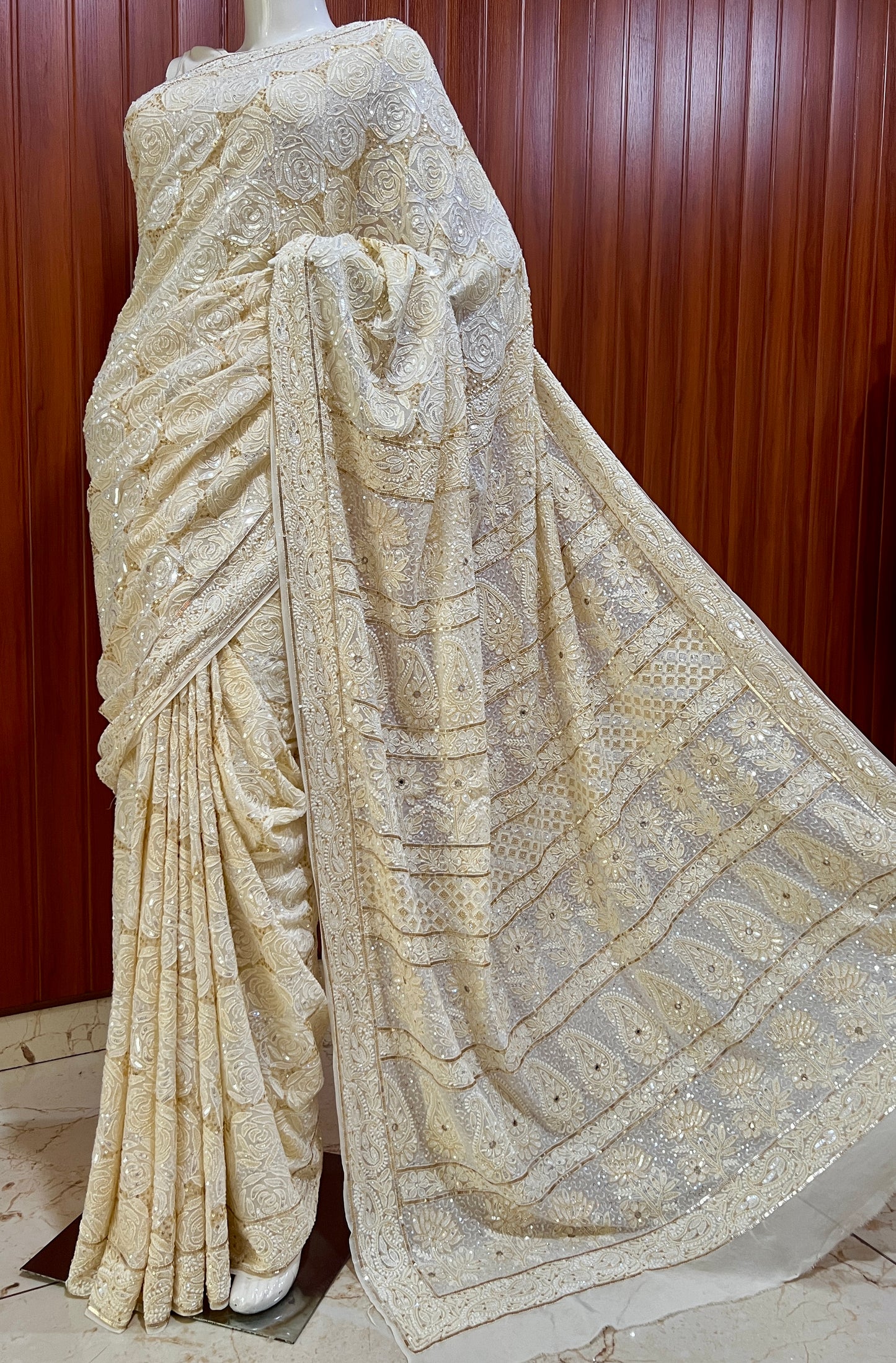 Ruhani Ivory Chikankari Sequins Cut Dana Embroidered Masterpiece Saree