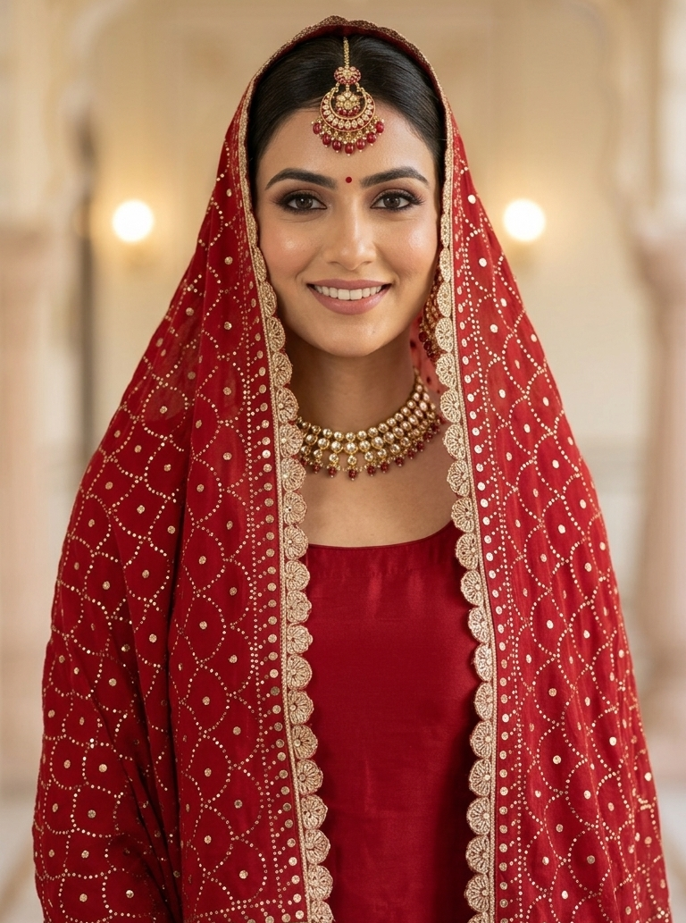 Ruhani Red Heavy Mukaish Wedding Dupatta