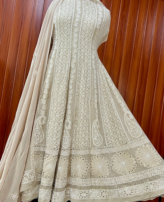 Champagne allover Chikankari and mukaish anarkali with dupatta