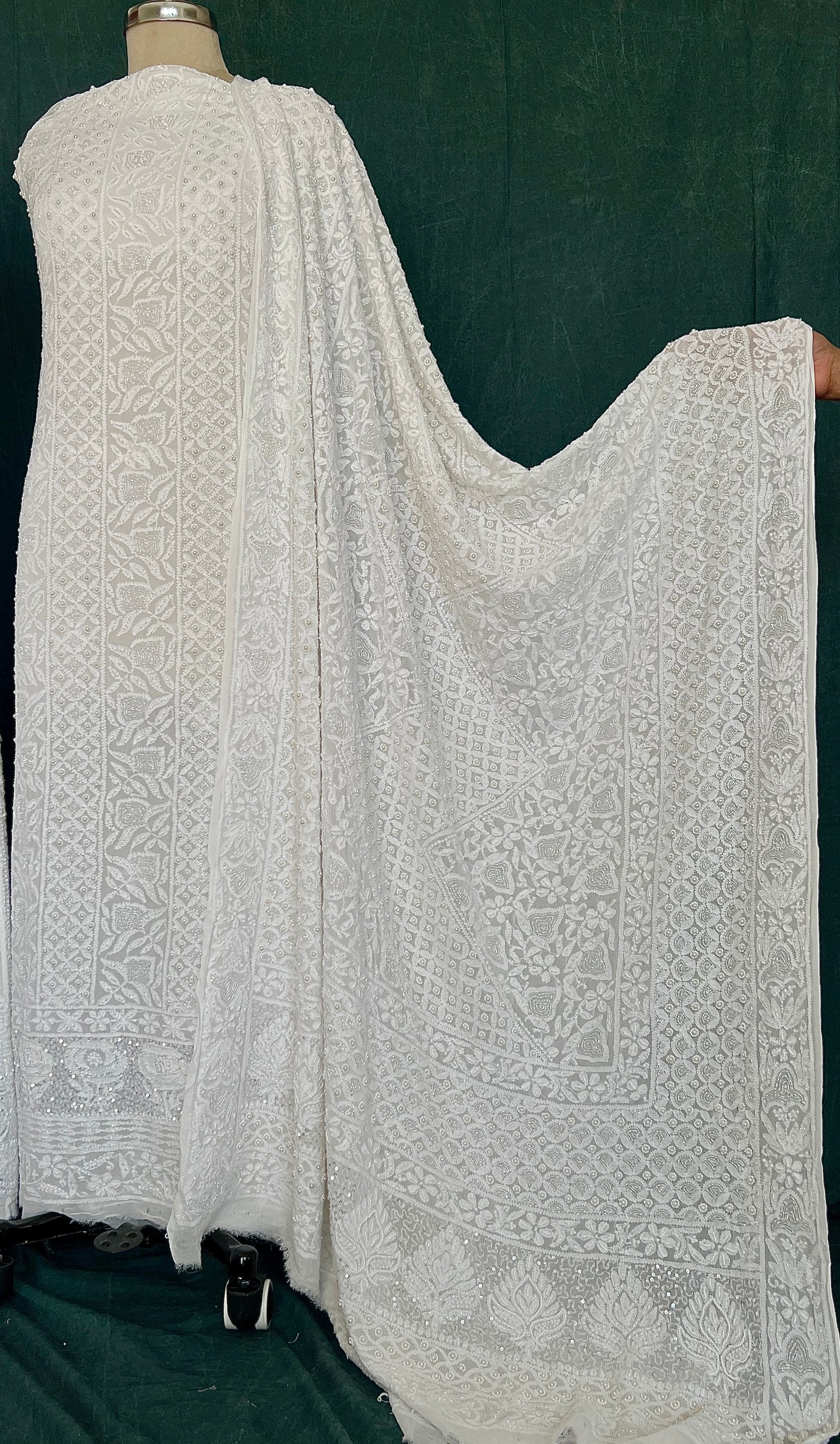 White Chikankari pearl cut Dana and Sequins work Kurta with Jaal Dupatta