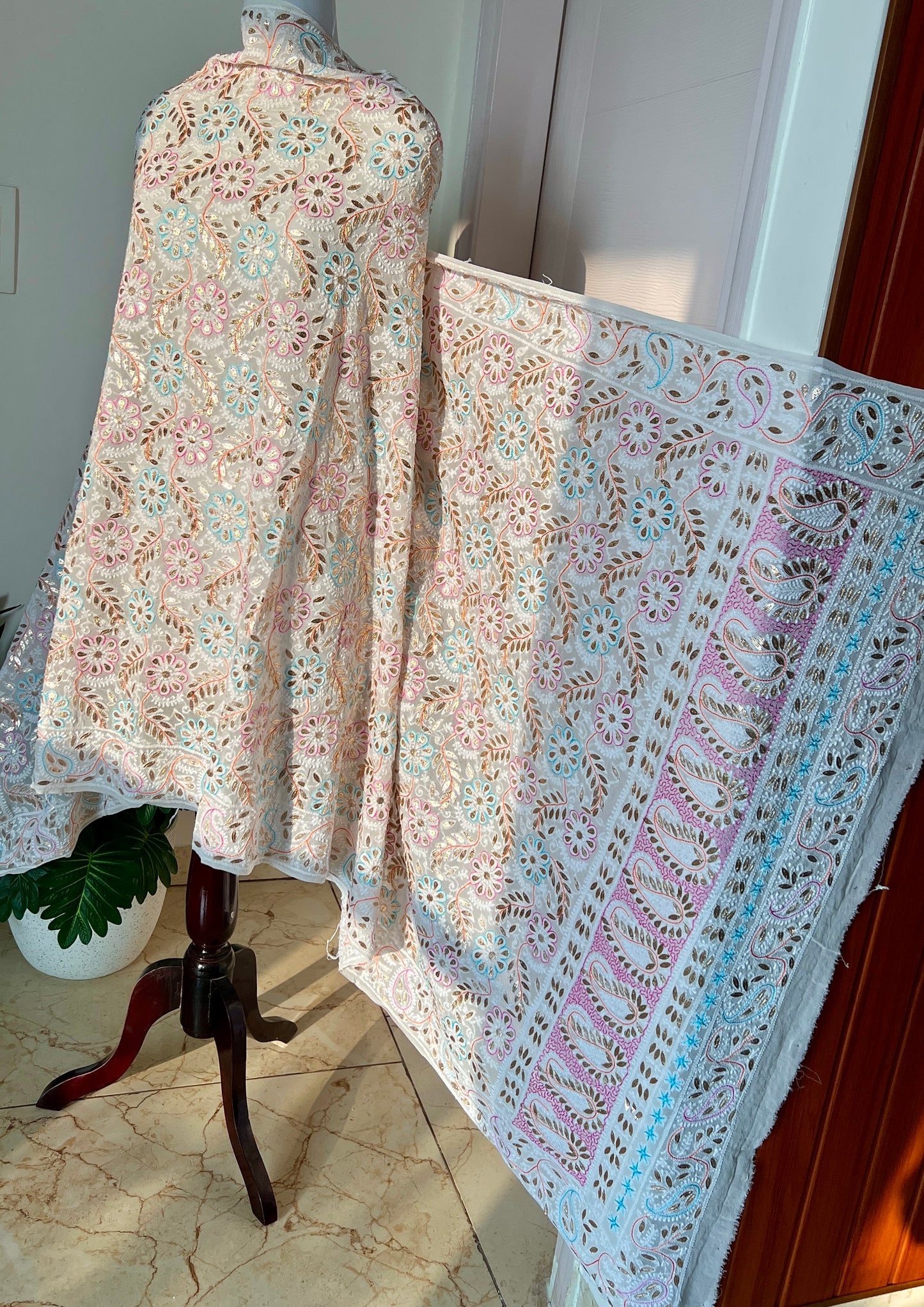 Ruhani Ivory Chikankari multicolored resham and gota patti pure georgette wedding dupatta