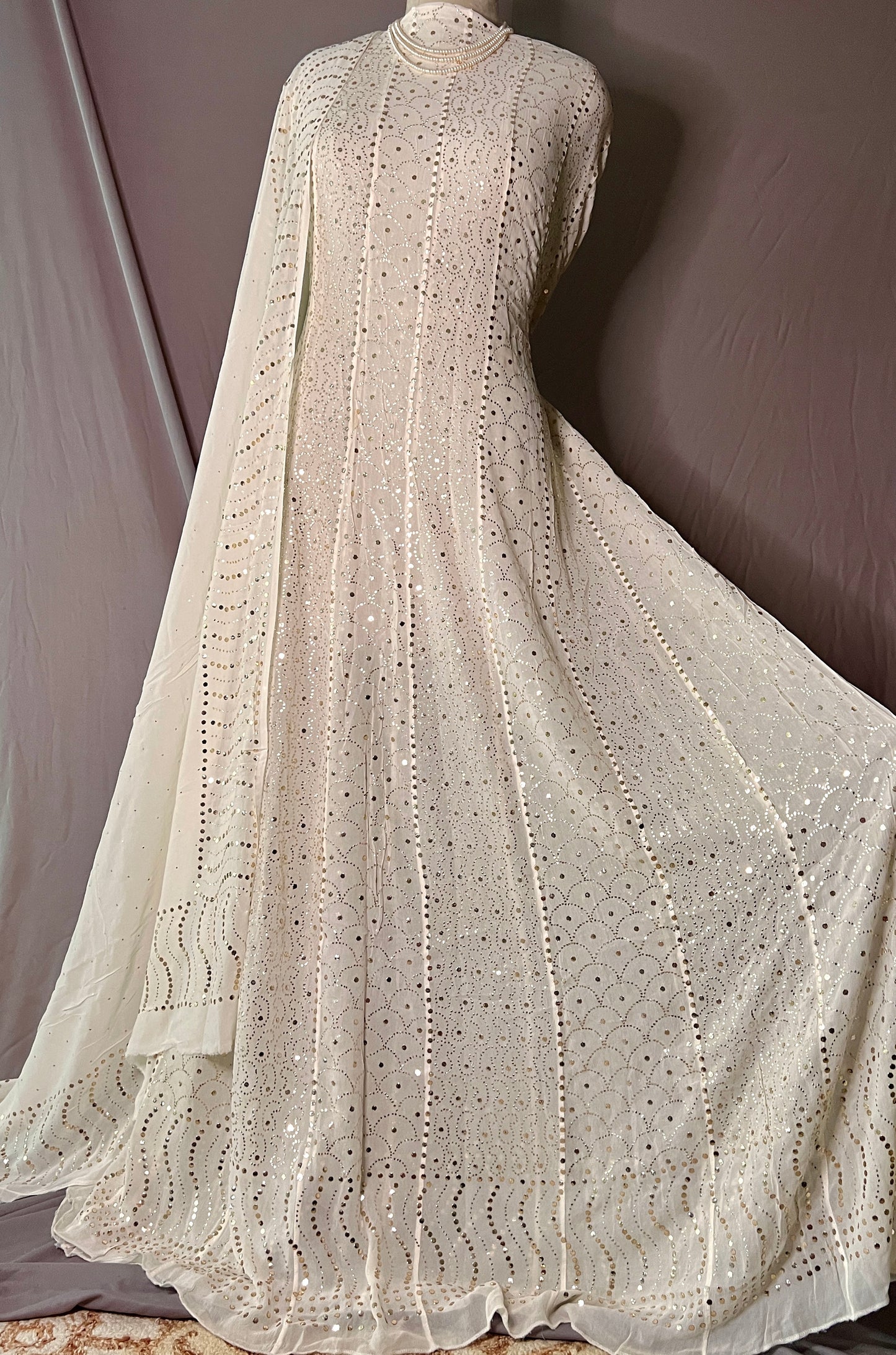 Ivory designer Mukaish Georgette Anarkali with Dupatta
