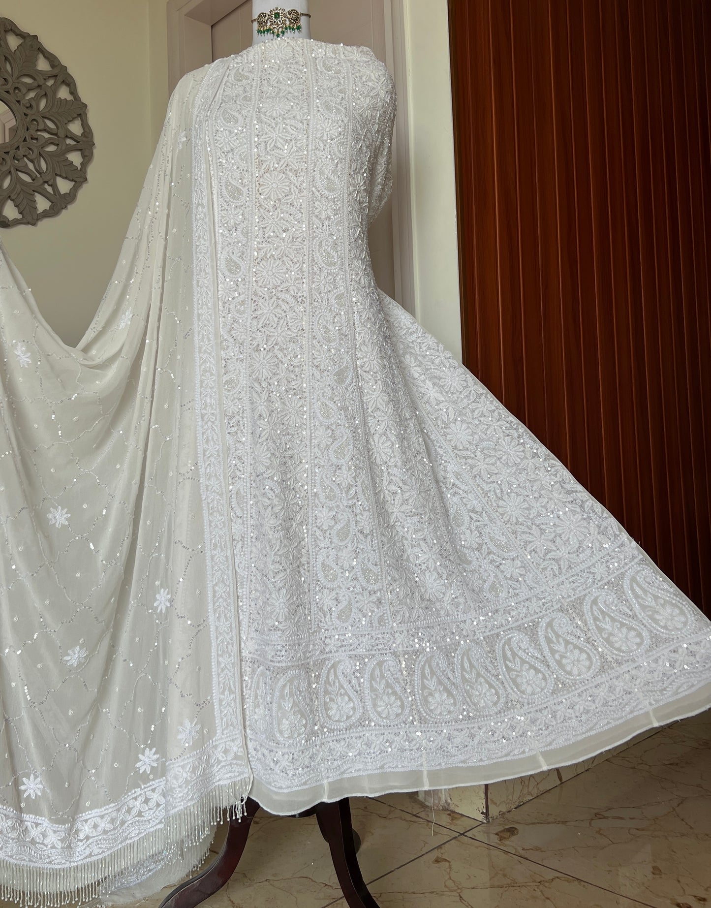 Ruhani Off white Chikankari sequins pearl cut Dana Anarkali