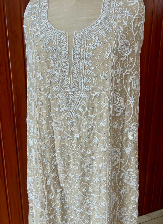 Munga silk Chikankari and pearl embroidered kurta and dupatta