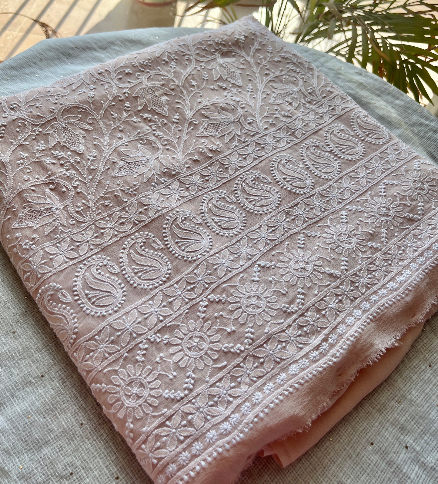 Suhaan Powder Peach 3 taar Chikankari kurta and dupatta