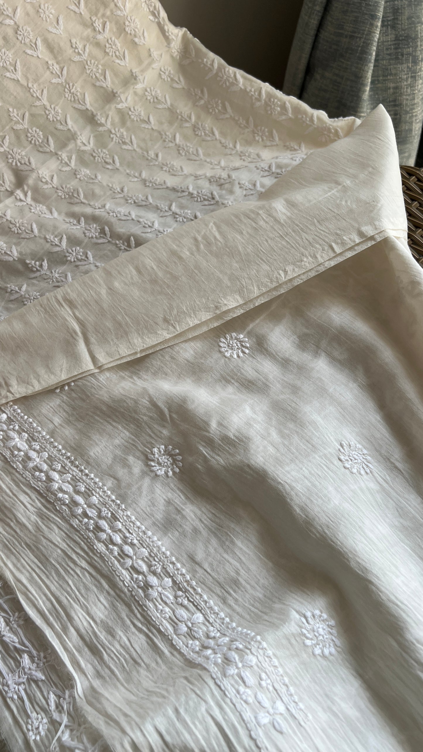 Ivory Chanderi Silk Men's Kurta fabric with fine Chikankari