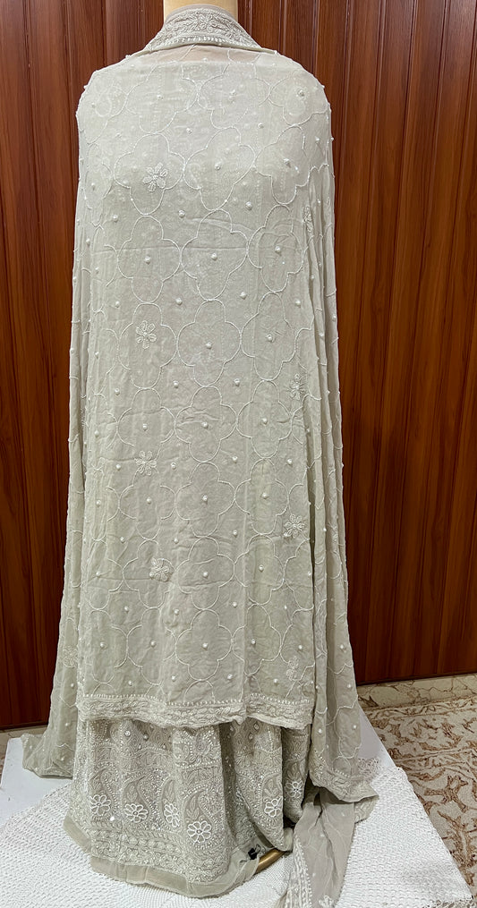 Pale Olive Green fine Chikankari Pearl Sequins and Cut Dana Anarkali