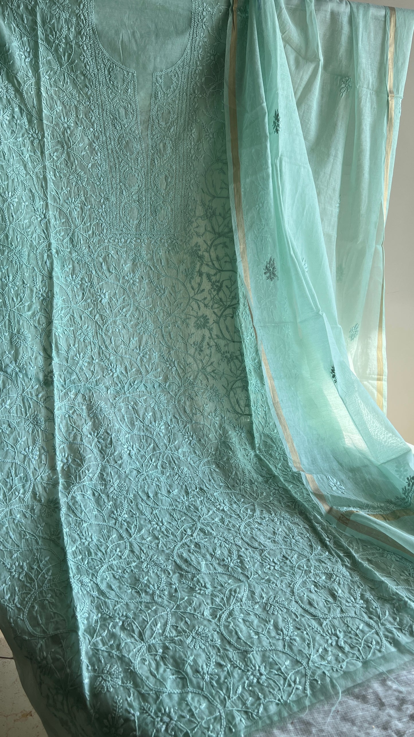 Sage green Mul chanderi Chikankari embroidered kurta and dupatta