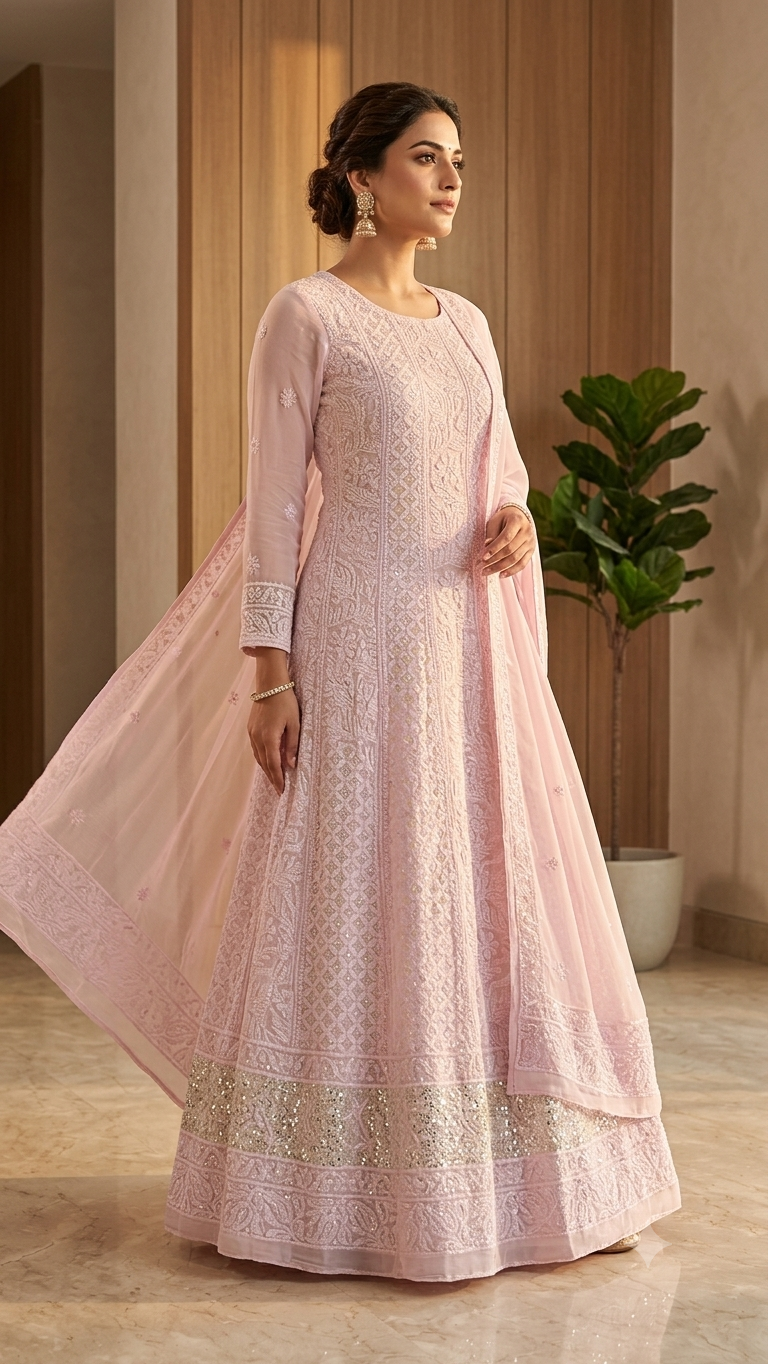 Light pink Chikankari and multi Cut Dana Embroidered Anarkali with Dupatta