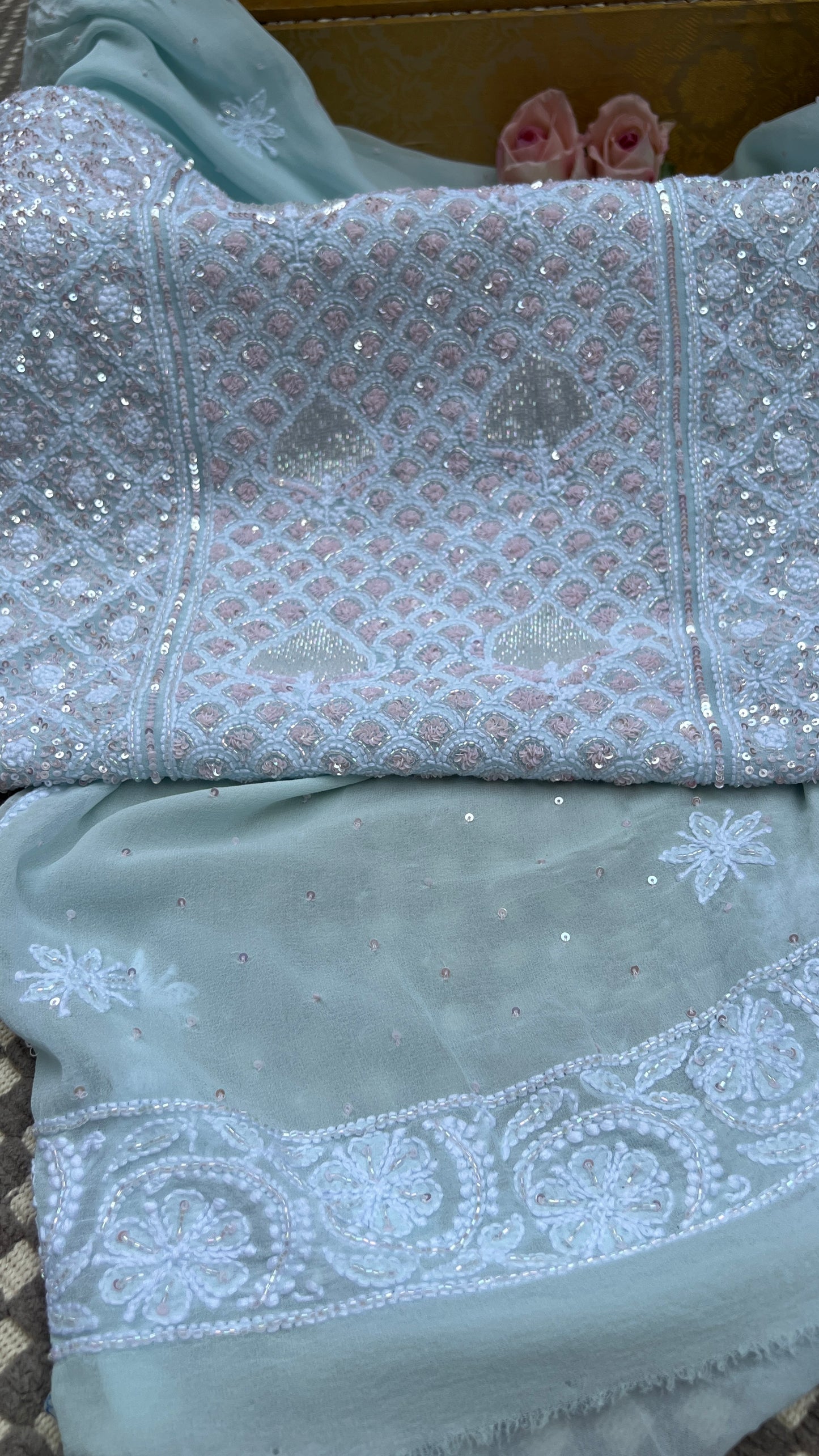 Ruhani Sky Blue with pink cut dana sequins kurta and dupatta